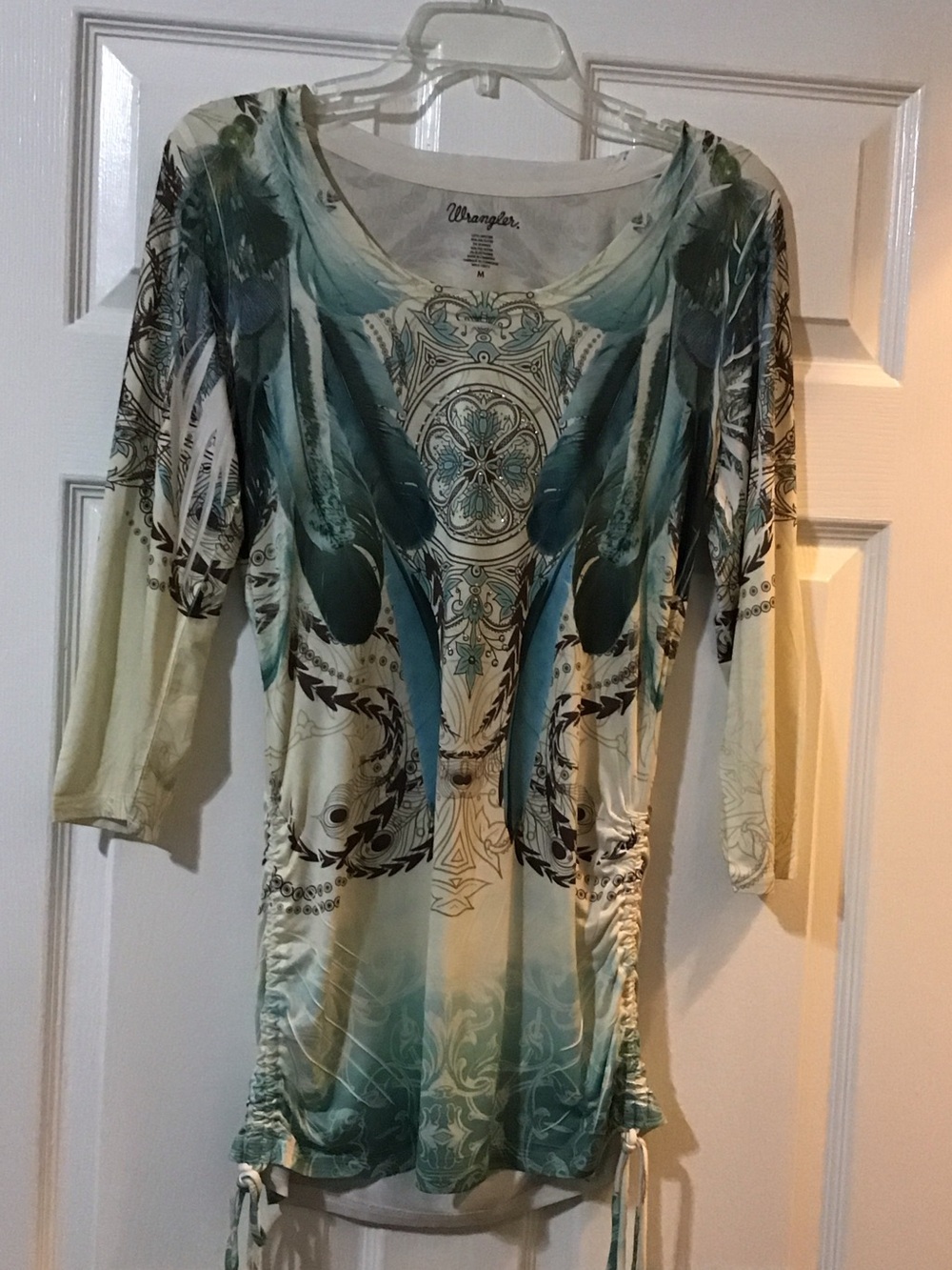 Wrangler Women's Teal and Cream Feather-Print Ruched Tunic